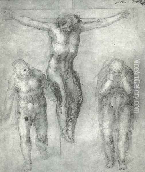Study For Christ On The Cross With Mourners Oil Painting - Michelangelo Buonarroti