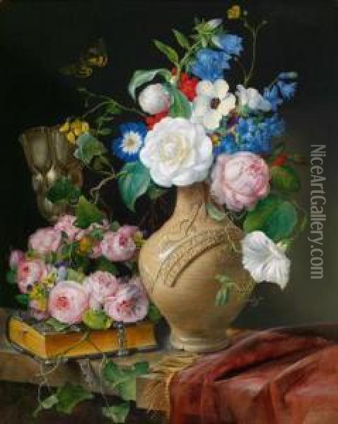 Blumenstillleben Mit Einemkranz Aus Rosen Oil Painting - Franz Xaver Petter