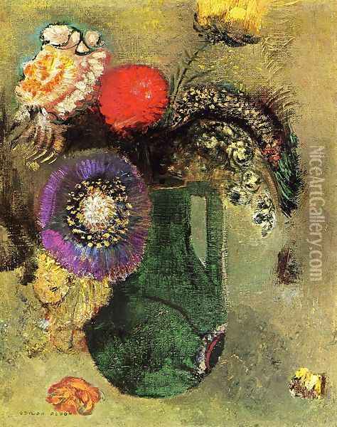 Flowers In Green Vase With Handles Oil Painting - Odilon Redon