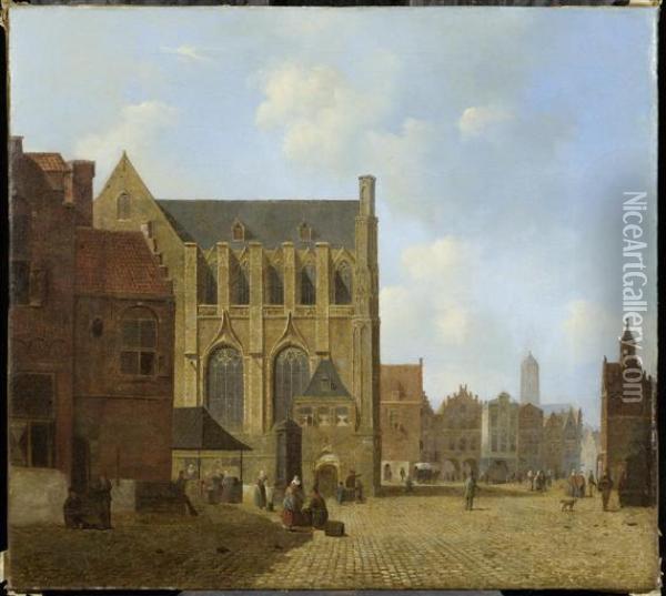 The Village Square With A View On The Church In Nymwegen Oil Painting - Cornelis De Kruijff