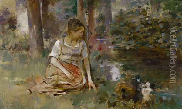 Femme au canard Oil Painting - Theodore Robinson