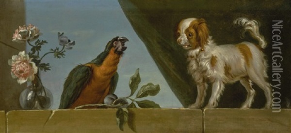 A Parrot And A Dog On A Stone Ledge Alongside A Vase Of Flowers, A Green Curtain Beyond Oil Painting - Jean-Baptiste Oudry