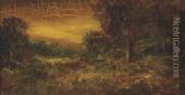 A Wooded Landscape With A Figure On A Path Oil Painting - Ralph Albert Blakelock