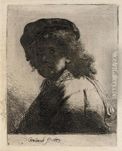 Self-portrait In A Cap And Scarf With The Face Dark, Bust (b.,holl. 17; H. 108) Oil Painting - Rembrandt Van Rijn