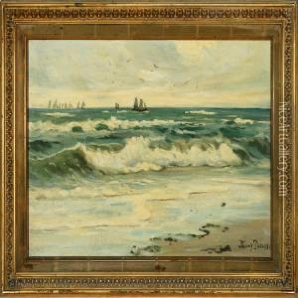 Sea Shore Withsailing Ships At Sea Oil Painting - Thorolf Pedersen