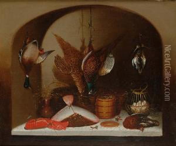 Still Life Of Pheasants, Duck, Woodcock, Eggs, Lobster And A Flatfish In A Larder Oil Painting - Benjamin Blake