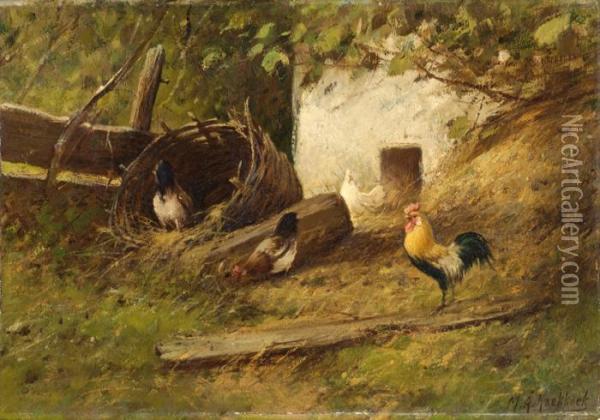 Three Chickens And A Rooster On A Farmyard Oil Painting - Marianus Adrianus Koekkoek