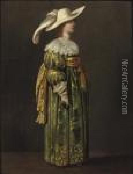 An Elegant Woman, Full-length, 
Standing In Profile, In A Green And Gold Embroidered Dress And Feathered
 Hat Oil Painting - Pieter Jansz. Quast