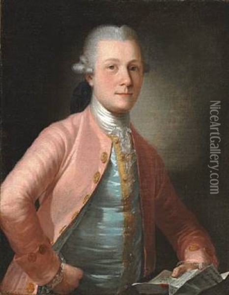 An Elegant Man With A Grey Wig, Blue Waistcoat And Pink Jacket Oil Painting - Erik Pauelsen
