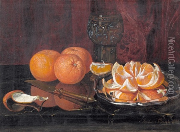 Stillleben Mit Mandarinen Und Romerglas Oil Painting - Sofus Petersen