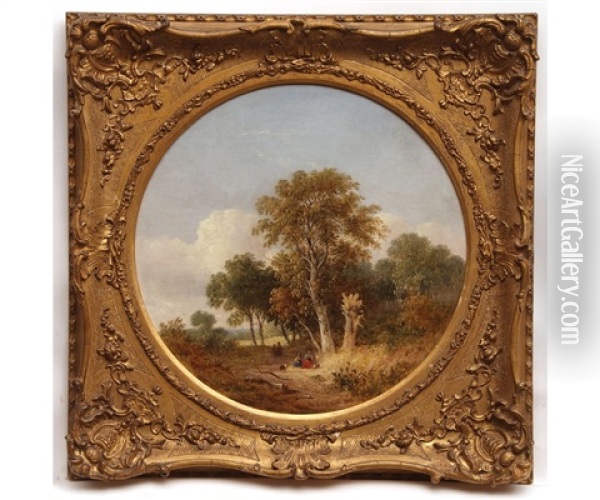 Figures And Dog Resting In Wooded Landscape Oil Painting - Samuel David Colkett