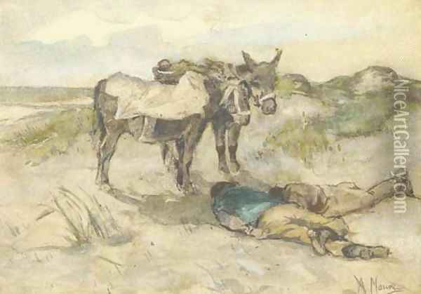 Welcome shade donkeys and their keepers in the dunes Oil Painting - Anton Mauve