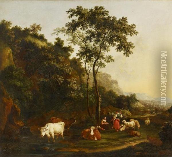 Landscape At Dusk With Shepherds Oil Painting - Nicolaes Berchem