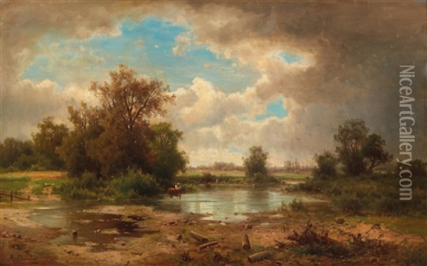 Open Landscape With Pond Oil Painting - Adolf Chwala