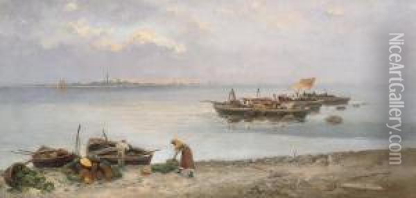 Unloading Supplies On The Venetian Lagoon Oil Painting - Giuseppe Pogna