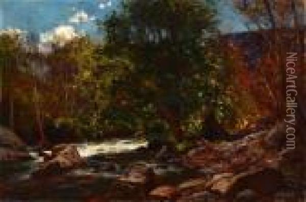 River Through Wooded Landscape Oil Painting - William Wendt