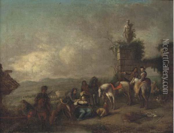 A Hunting Party At Rest In A Landscape Oil Painting - Pieter Wouwermans or Wouwerman