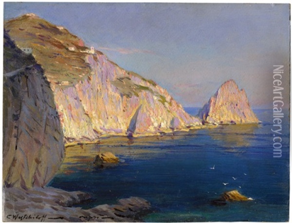 Die Faraglioni Auf Capri Bei Sonnenuntergang Oil Painting - Konstantin Weschtschiloff