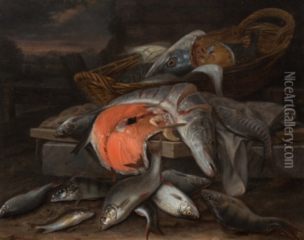 Still Life With A Pike, A Slice Of Salmon And A Basket On A Stone Plinth Oil Painting - Jakob Gillig