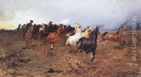 Galloping Horses Oil Painting - Laszlo Pataky