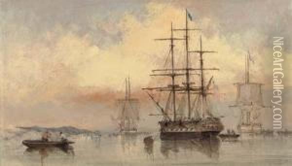 Shipping In A Calm Off Gilkicker Point (illustrated); And Shippinganchored Off Spithead Oil Painting - Thomas Sewell Robins