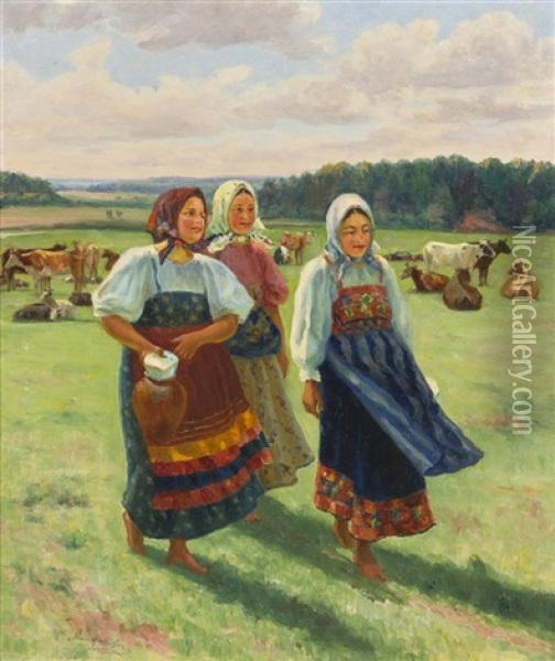 Peasant Girls Oil Painting - Sergei Dmitrievich Miloradovich
