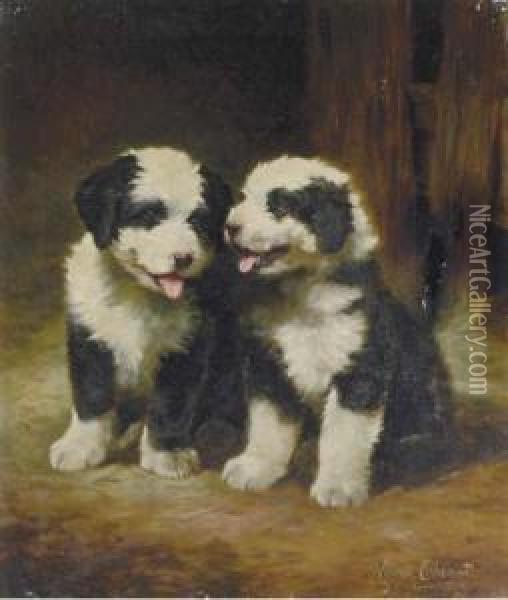 Burmese Mountain Puppies In A Barn Interior Oil Painting - Lilian Cheviot