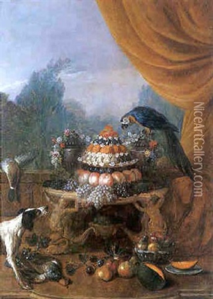 Nature Morte Au Buffet De Fruits, Chien Et Perroquet Oil Painting - Pierre Nicolas Huilliot