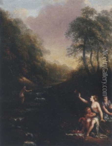 A Wooded Landscape With Nymphs Bathing By A Waterfall Oil Painting - Gerard de Lairesse