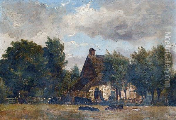Cows In A Pasture Beside A Farm Oil Painting - Charles-Francois Daubigny
