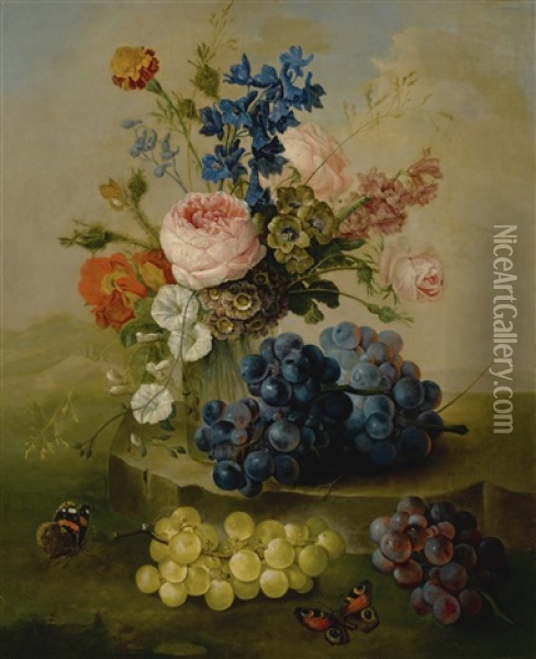 Still Life Of Flowers In A Glass Vase With Grapes, Resting On A Stone Ledge In A Landscape Oil Painting - Sebastian Wegmayr