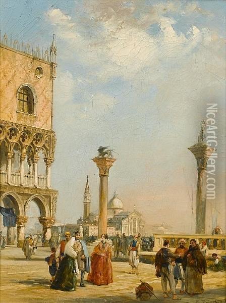 Figures In St. Marks Square, Venice; Figures In A Continental Town Oil Painting - Edward Pritchett