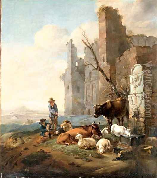 An Italian landscape with herdsmen Oil Painting - Karel Dujardin