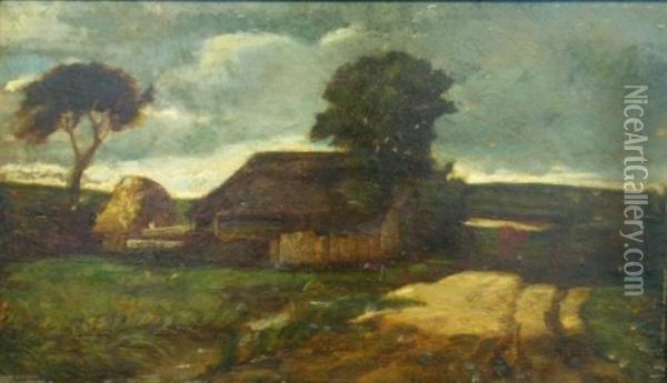 Farm In A Landscape Under Darkening Skies Oil Painting - Charles-Francois Daubigny