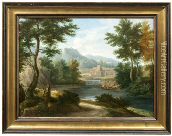 Klassische Landschaft Mit Fischern Auf Einem See Und Gehoft Im Hintergrund Oil Painting - Francisque Millet