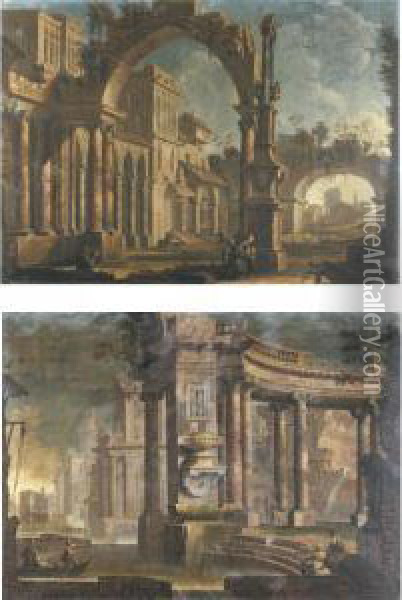 Architectural Capriccio With 
Figures Underneath An Arch; Architectural 
Capriccio Along A River Oil Painting - Pietro Paltronieri Il Mirandolese