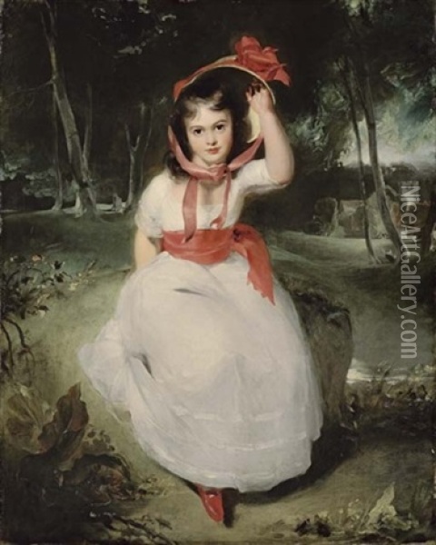 The Woodland Maid - Portrait Of Miss Emily De Visme, Seated In A Wooded Landscape, In A White Dress With A Pink Sash Oil Painting - Thomas Lawrence