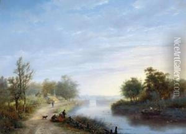 Fischer Beim Netzauslegen Am Fluss Oil Painting - George Harvey