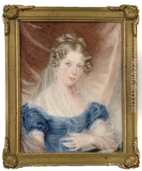 Mrs. Garth, Seated With Her Left Elbow Resting On A Green Covered Table, In Blue Velvet Dress With Pleated Bodice And Lace-bordered White Underdress, Drop Pearl Earrings, Long Gauze Veil In Her Hair Oil Painting - William Douglas