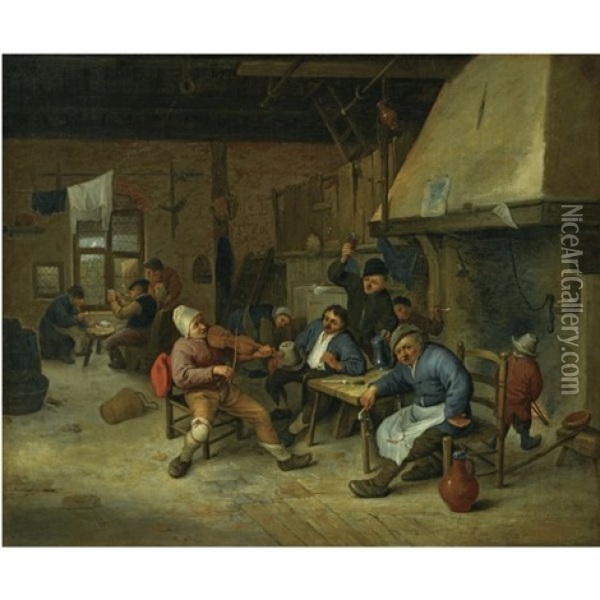 A Tavern Interior With A Fiddler And Peasants Smoking, Drinking And Playing Cards Oil Painting - Cornelis Dusart