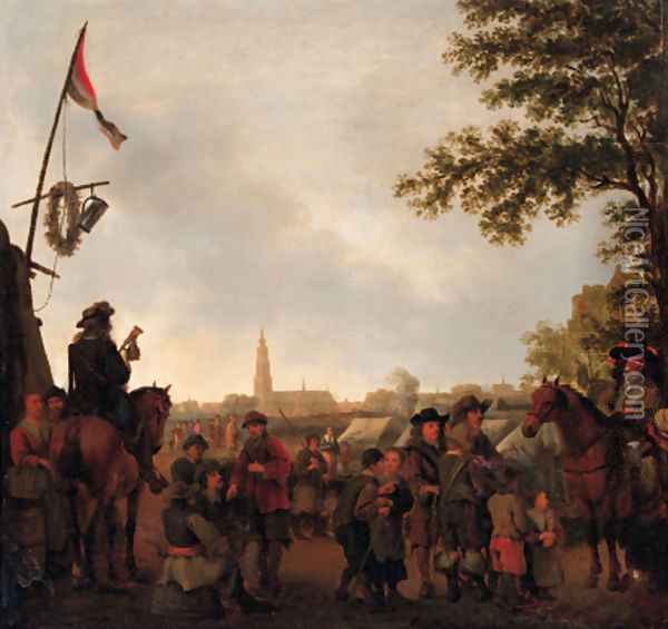 Officers and townsfolk at an encampment outside Breda Oil Painting - Abraham Van Calraet