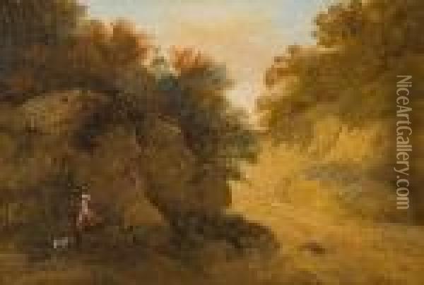 Figure And Dog On A Path In A Rocky Landscape Oil Painting - George Morland
