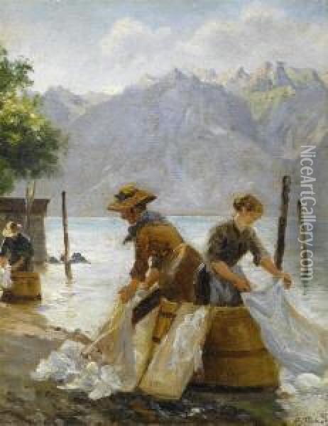 Washerwoman Near Vevey At Lake Geneva Oil Painting - August Fischer