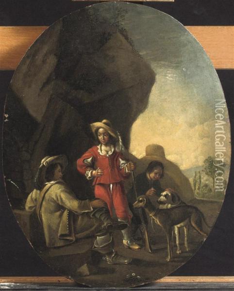 Three Figures Resting From The Hunt With Their Dogs Oil Painting - Master Of The Small Trades