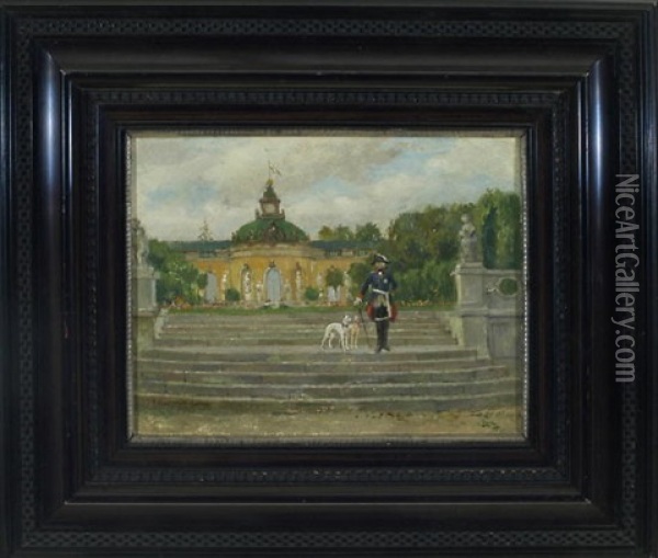 Friedrich Ii. Auf Der Treppe Des Parkes Von Schloss Sanssouci Mit Zwei Windhunden Oil Painting - Emmanuel Bachrach-Baree