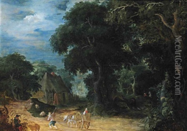 A Wooded Landscape With A Woman In A Horsedrawn Cart And A Shepherd On A Path, A Peasant Playing A Flute In The Foreground Oil Painting - Abraham Govaerts
