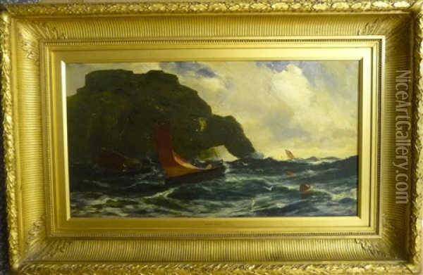 Figures In Fishing Boats Off A Rocky Coastline Oil Painting - Edwin John Ellis