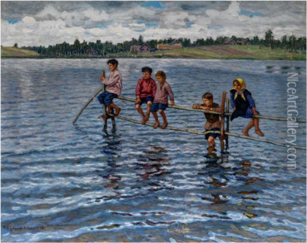 Kinder Am Wasser Oil Painting - Nikolai Petrovich Bogdanov-Belsky