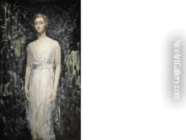 Portrait Of A Lady, Full Length, In A White Gown Oil Painting - Arthur Ambrose McEvoy