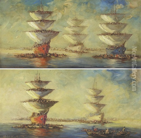 Navios Y Botes Con Personajes (pair) Oil Painting - Stephen Robert Koekkoek